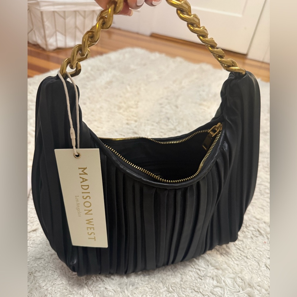 Madison West Black Pleated Bag with Gold Chain